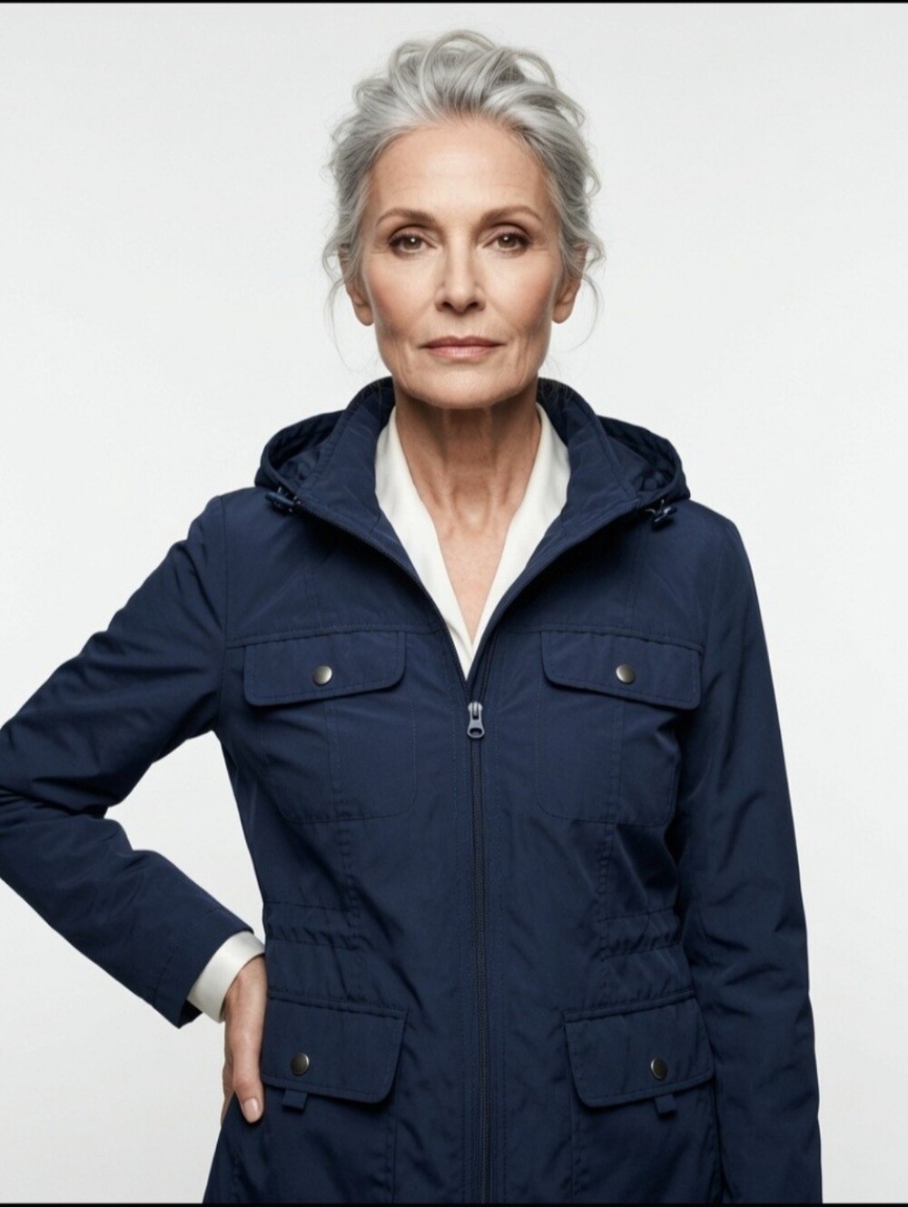 Women's Covington Navy Tuckable Hooded Utility Anorak Jacket (Size: 16-18w)